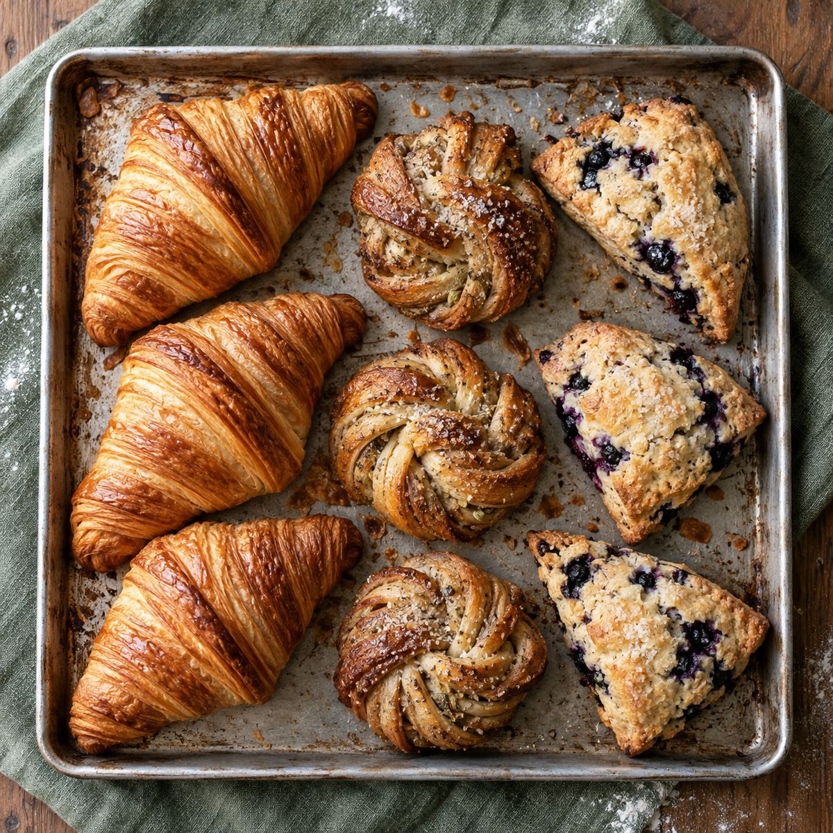 Croissants, cardamom buns and scones cooling on a sheet pan