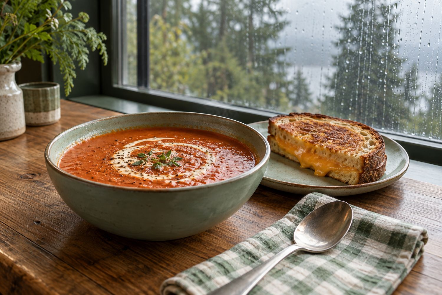 A bowl of tomato soup and half a grilled sandwich on a café table