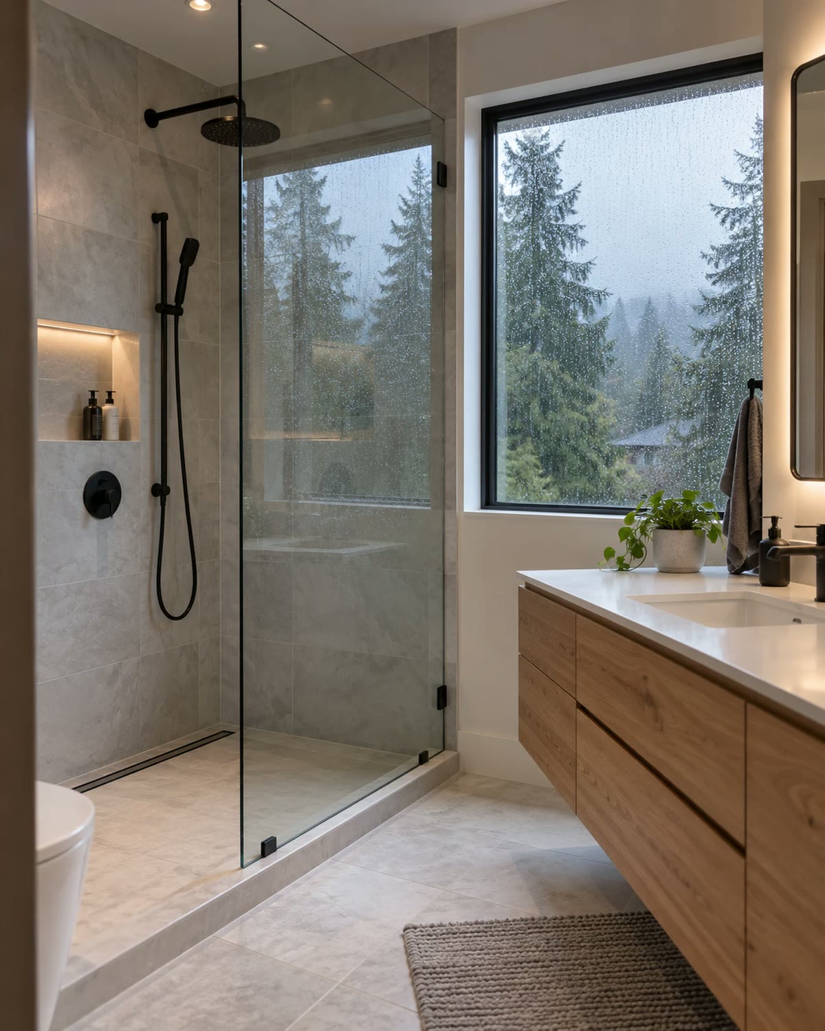 A finished bathroom renovation with a walk-in shower and a rain-streaked window looking onto cedar trees