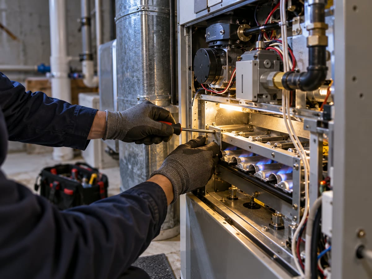 Hands with a screwdriver servicing the burner panel of a gas furnace