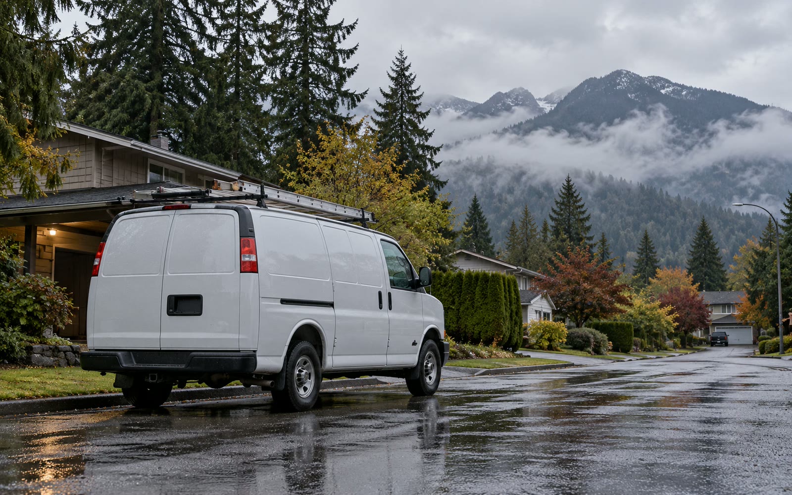 A plain white service van parked on a wet Maple Ridge street with the Golden Ears mountains behind
