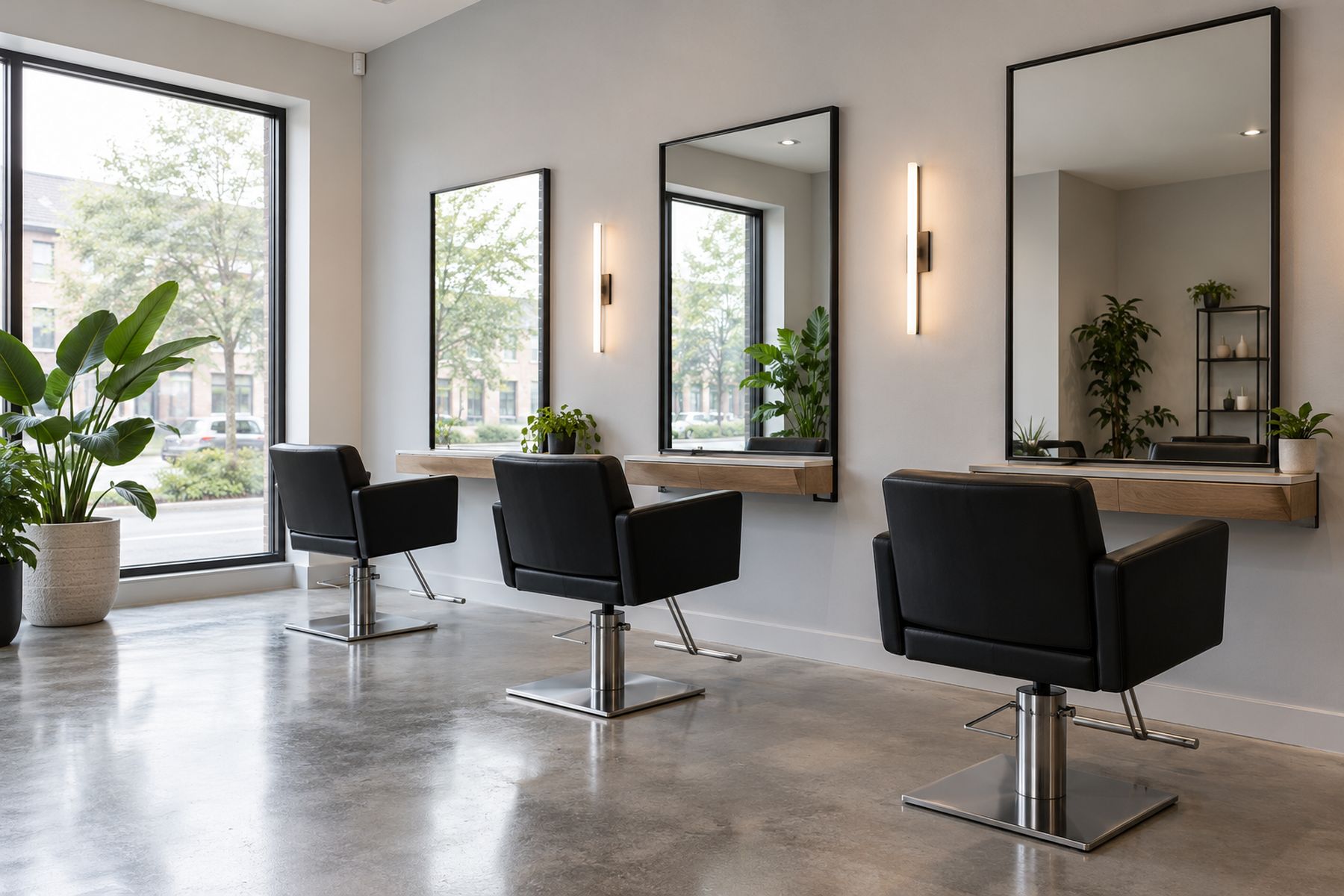 Inside the salon: three styling chairs and mirrors in daylight