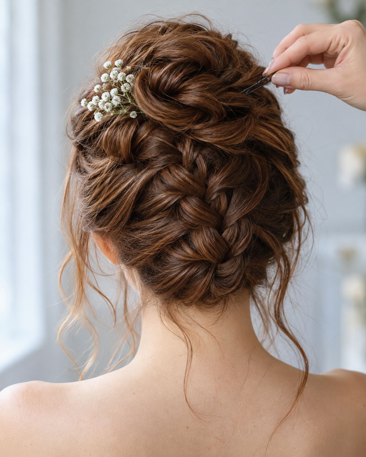Back view of a braided updo pinned at the crown